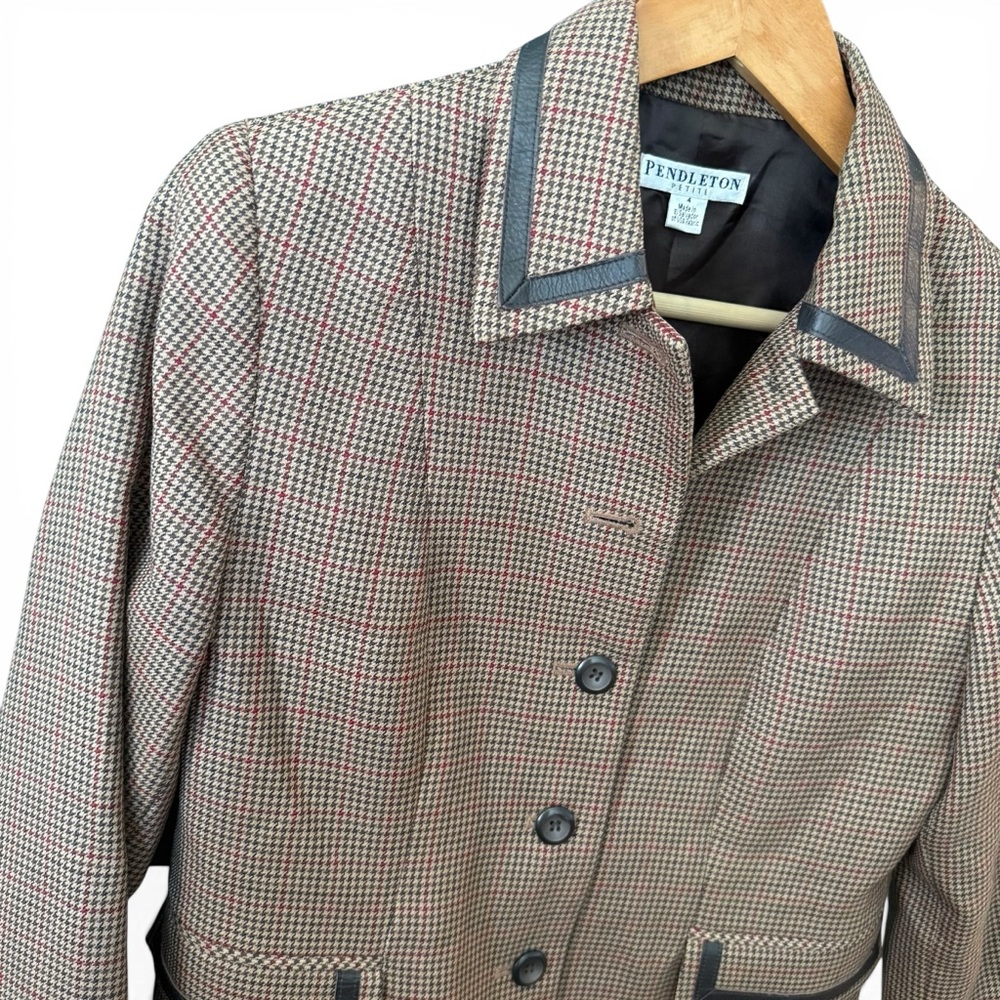 Vintage Pendleton Houndstooth Virgin Wool Leather Trim Blazer Petite Size 4 - Picture 2 of 7